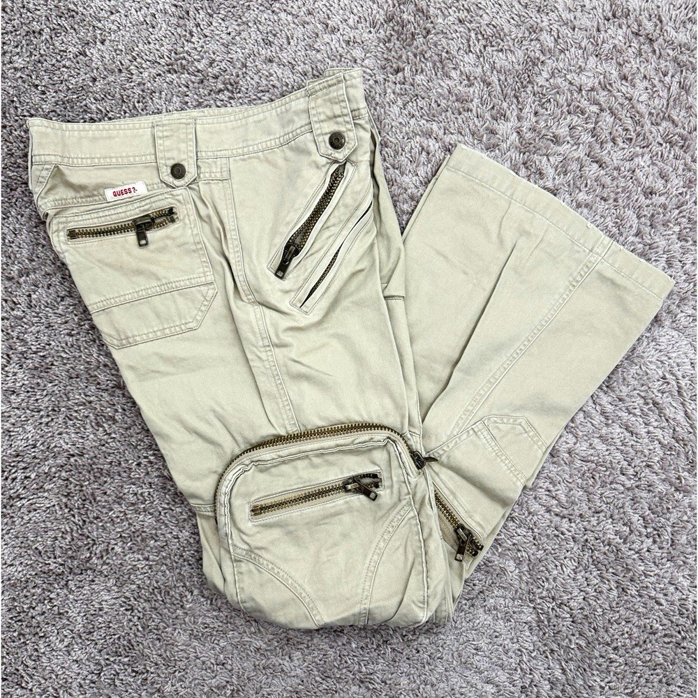 GUESS Women's Beige Cargo Denim Pants Bootcut Regular Fit Pockets Size 28